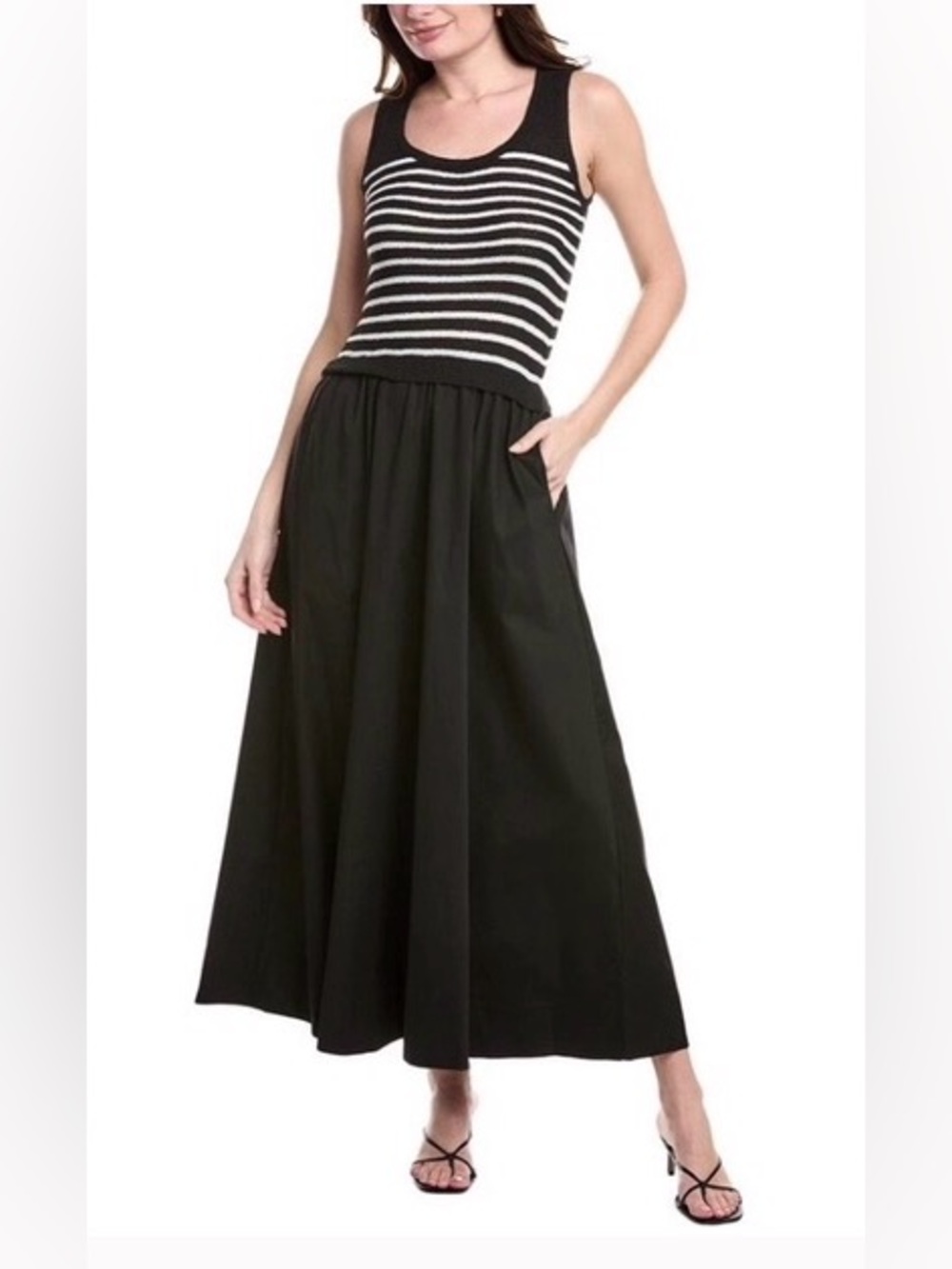 TAYLOR NWT Sleeveless Knit Striped Bodice Cotton Blend Midi Dress Black & Ivory